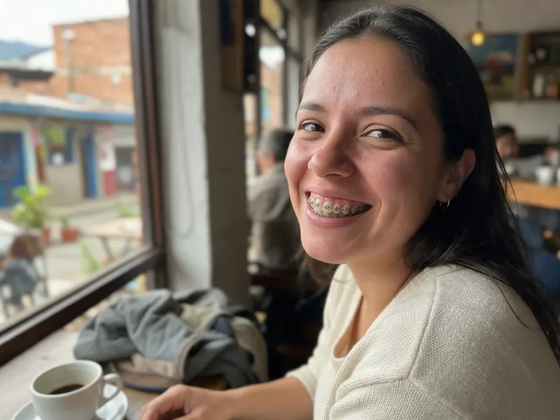 Ilustración: una adulta sonriendo con brackets metálicos, junto a la ventana de un café